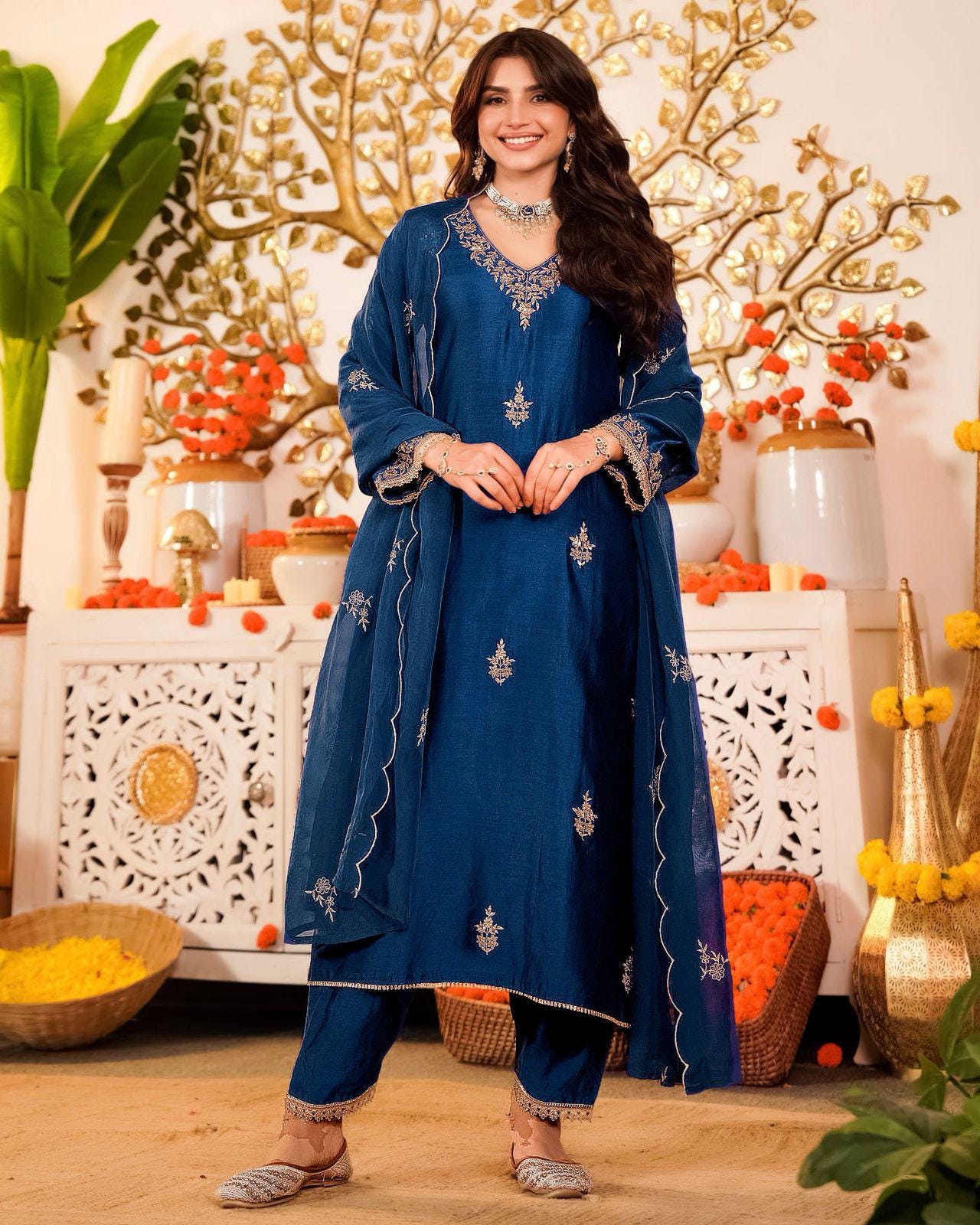 Vichitra Silk Embroidered Kurti Pant Set with Dupatta, Festive Ethnic Wear (M-3XL)