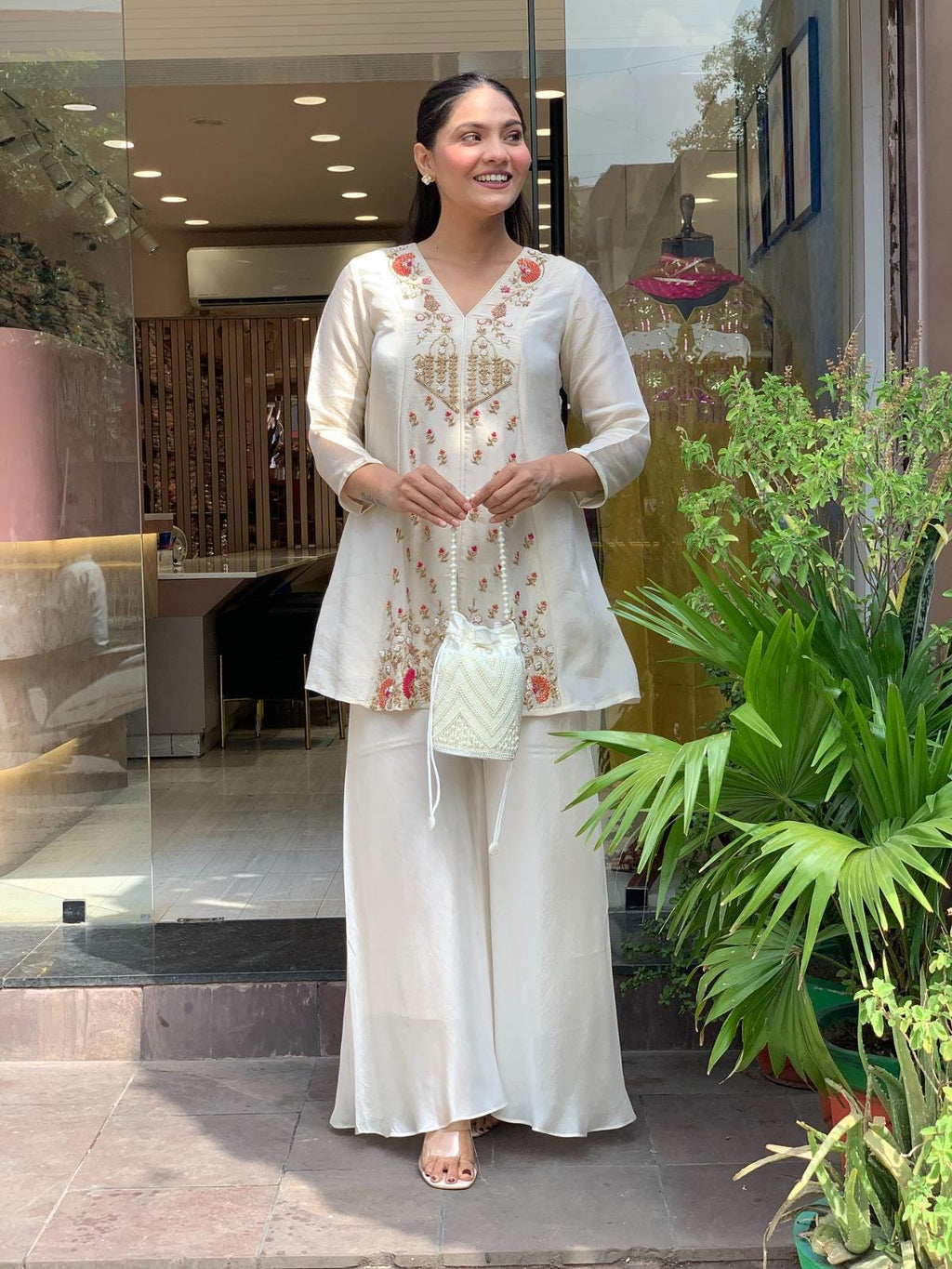 Embroidered Silk Kurti Pant Set, Short Ethnic Co-Ord Outfit, Festive Wear