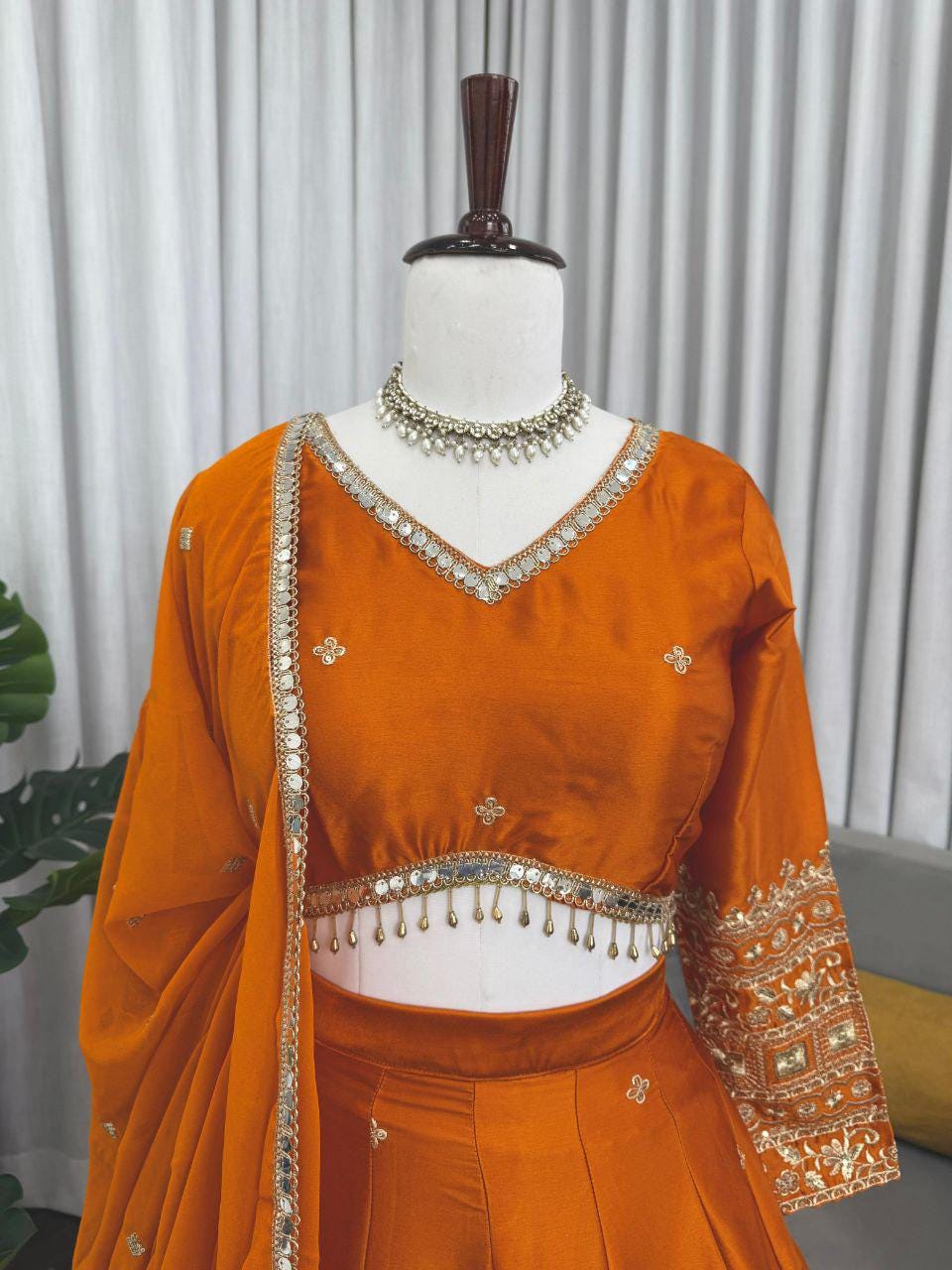 Japan Satin Lehenga Set, Sequin Thread Work, Festive Wedding Wear Stitched (Up to 44)