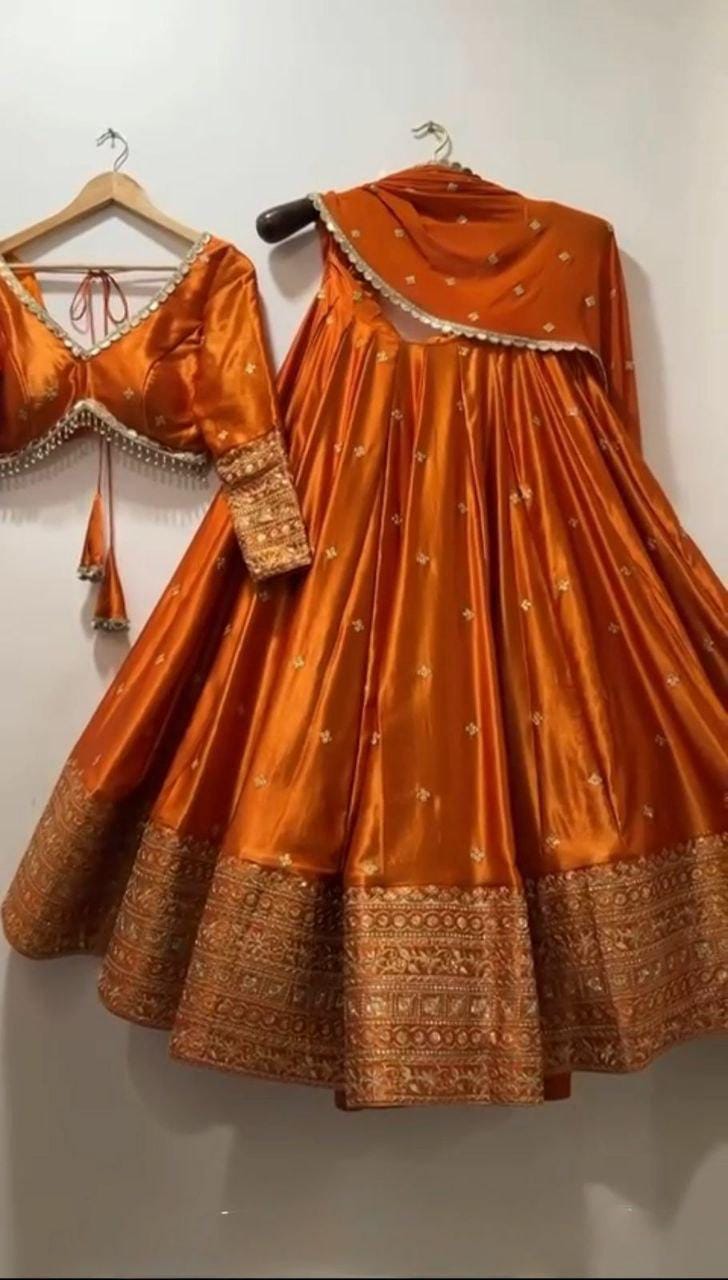 Japan Satin Lehenga Set, Sequin Thread Work, Festive Wedding Wear Stitched (Up to 44)