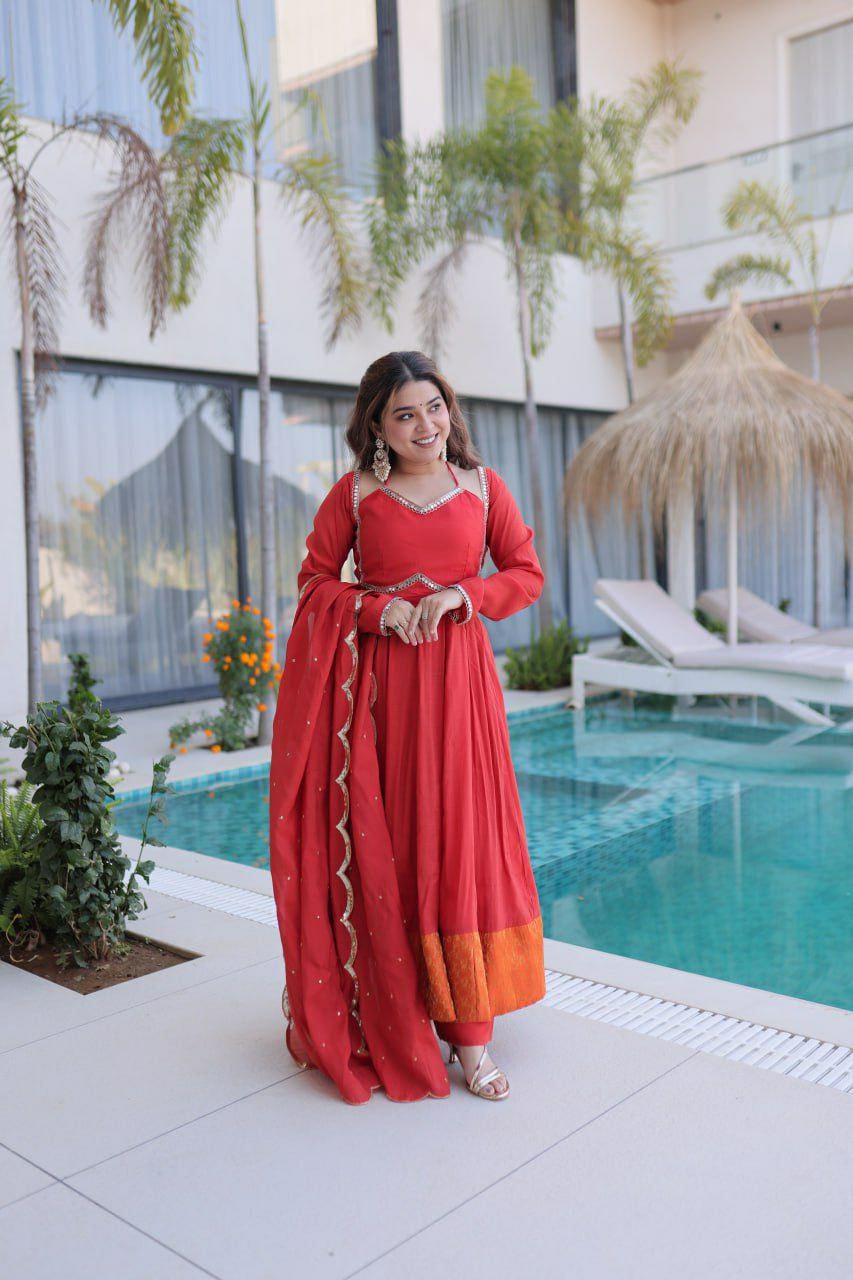 Mul Chanderi Anarkali Kurti Set, Mirror Lace Work, Roman Silk Pant, Embroidered Dupatta
