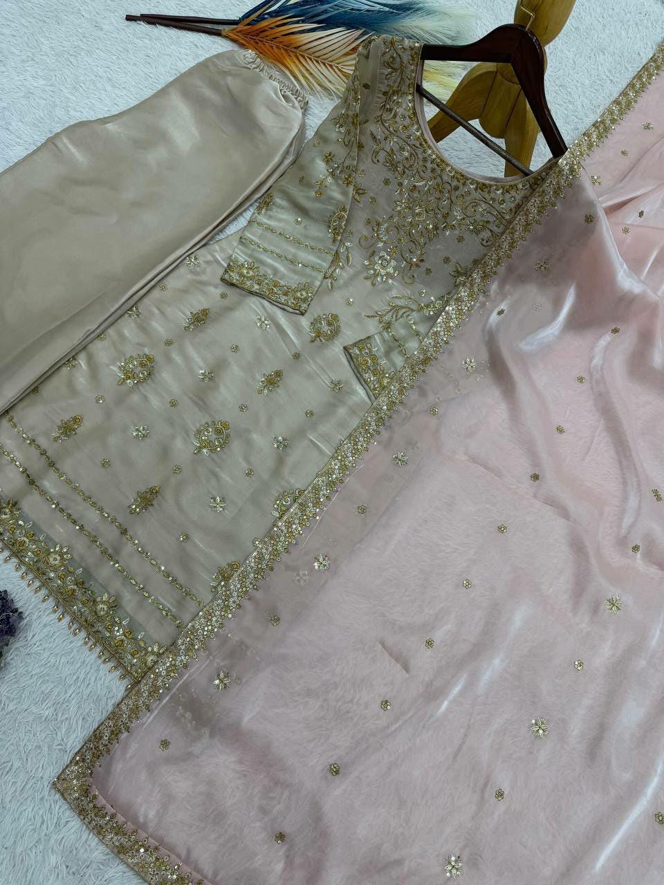 Pure GMY Silk Palazzo Suit Set, Sequin Embroidery, Festive Party Wear Kurta Dupatta