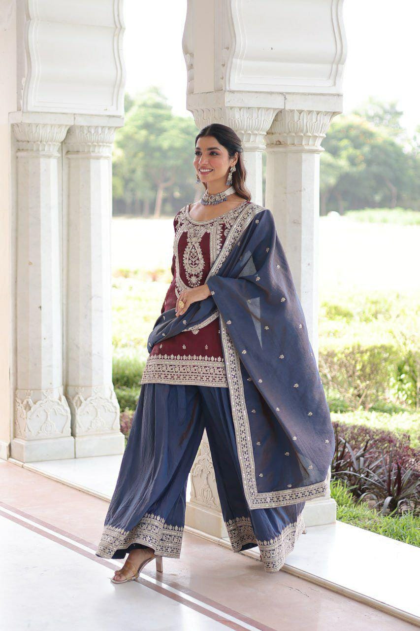 NC Silk Sharara Suit, Sequins Cording Embroidery, Designer Party Wear Kurti Set