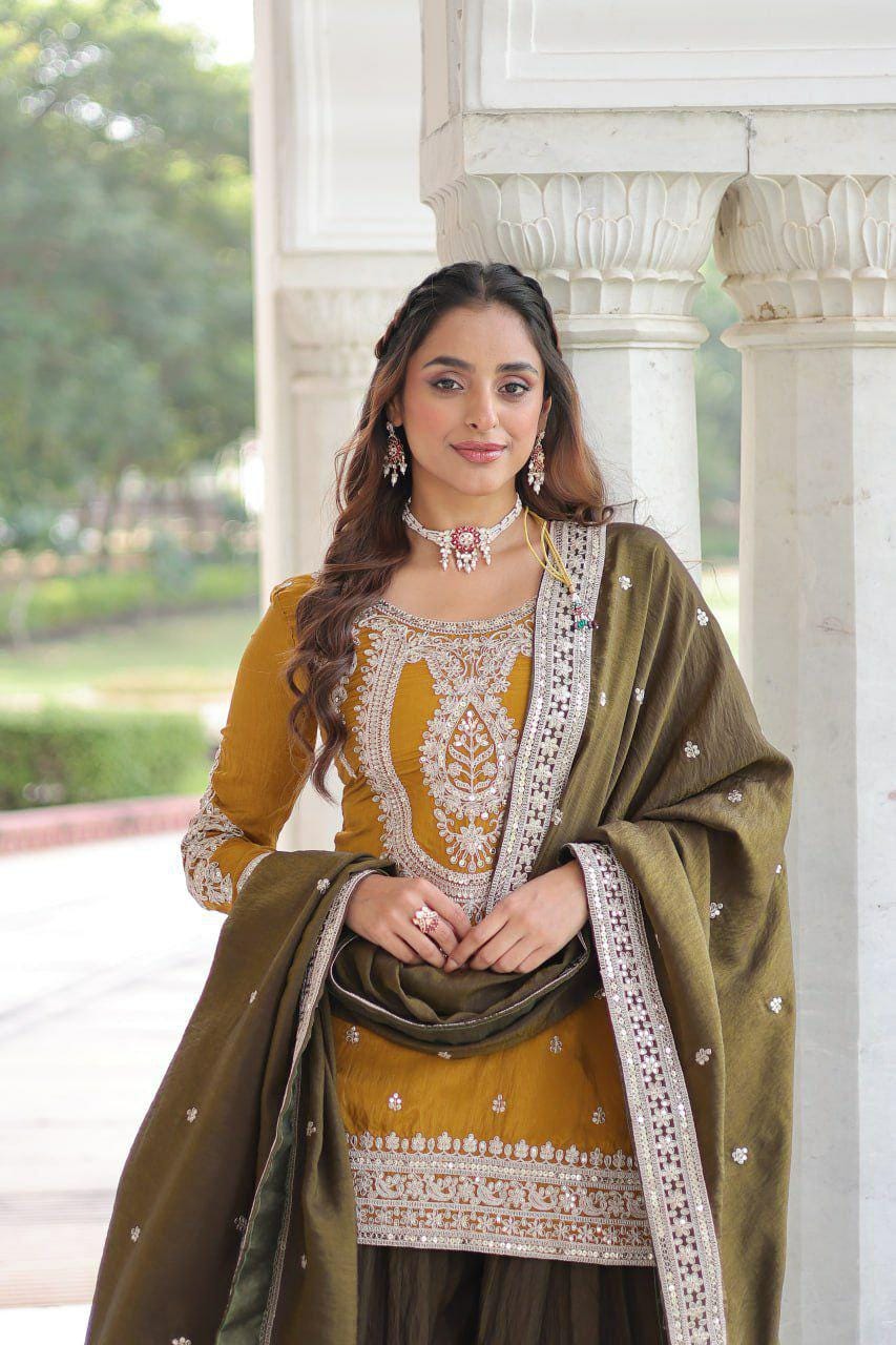 NC Silk Sharara Suit, Sequins Cording Embroidery, Designer Party Wear Kurti Set