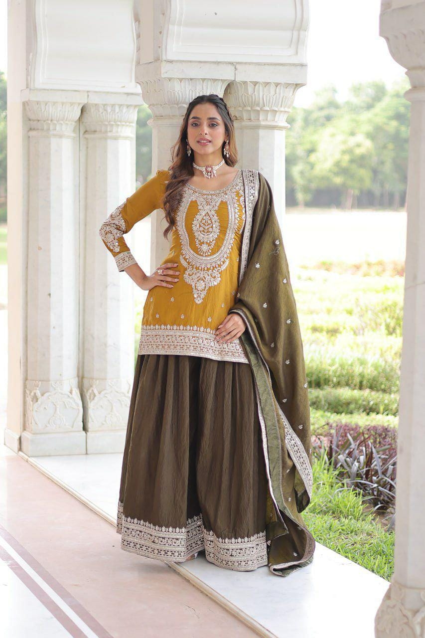 NC Silk Sharara Suit, Sequins Cording Embroidery, Designer Party Wear Kurti Set