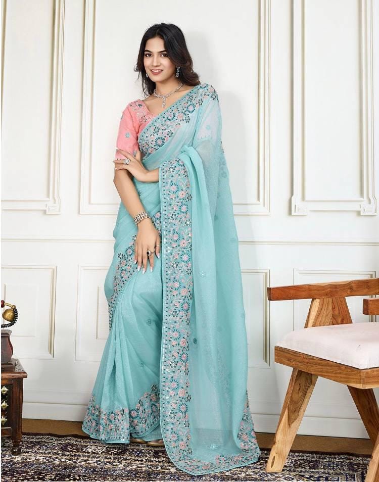 Crunchy Silk Saree, C-Pallu Embroidery, Cutwork Border, Heavy Blouse Piece