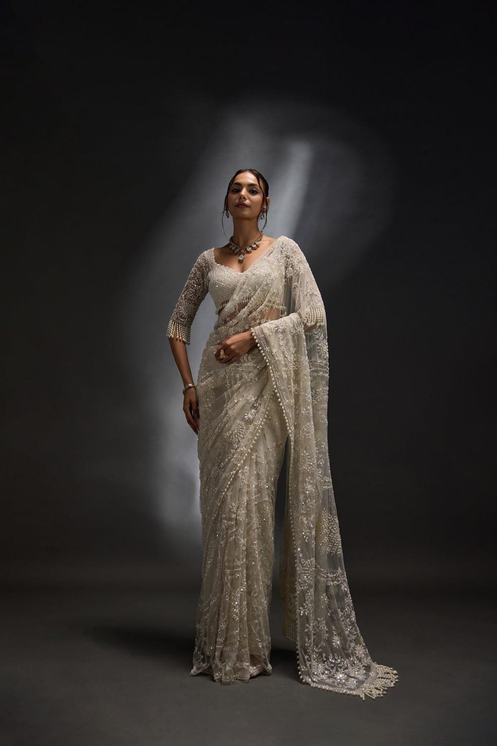 Heavy Sequins Embroidered Mono Net Saree with Pearl Border, Designer Blouse Included