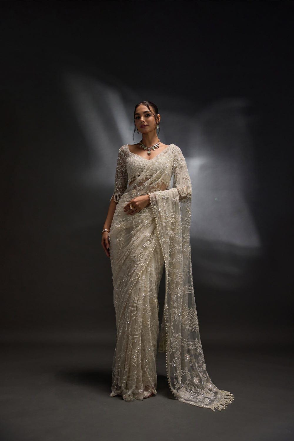 Heavy Sequins Embroidered Mono Net Saree with Pearl Border, Designer Blouse Included