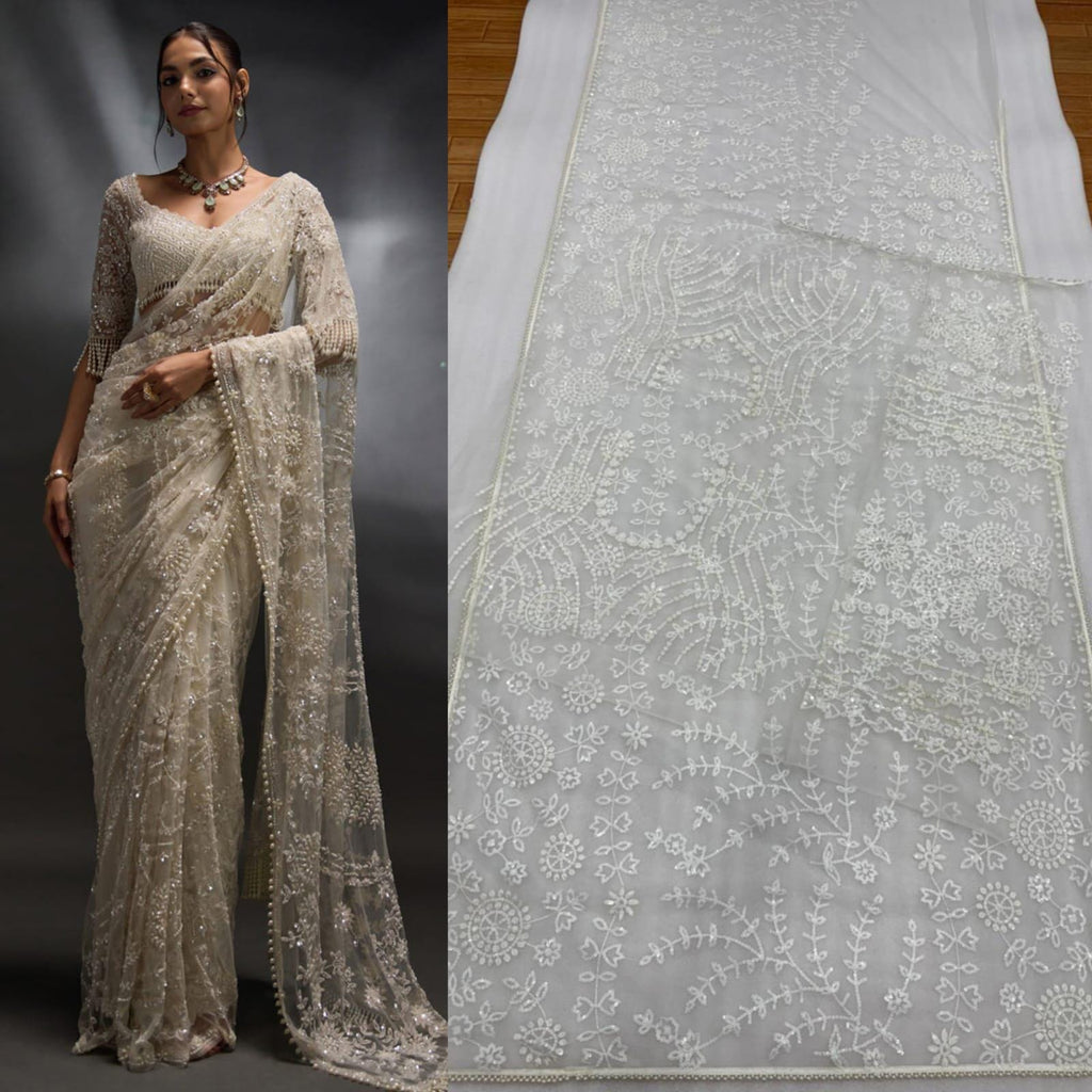 Heavy Sequins Embroidered Mono Net Saree with Pearl Border, Designer Blouse Included