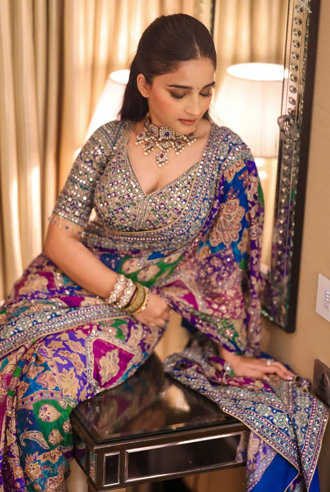 Chinon Silk Saree, Real Mirror Work, Printed Designer, Festive Party Wear (Unstitched Blouse)