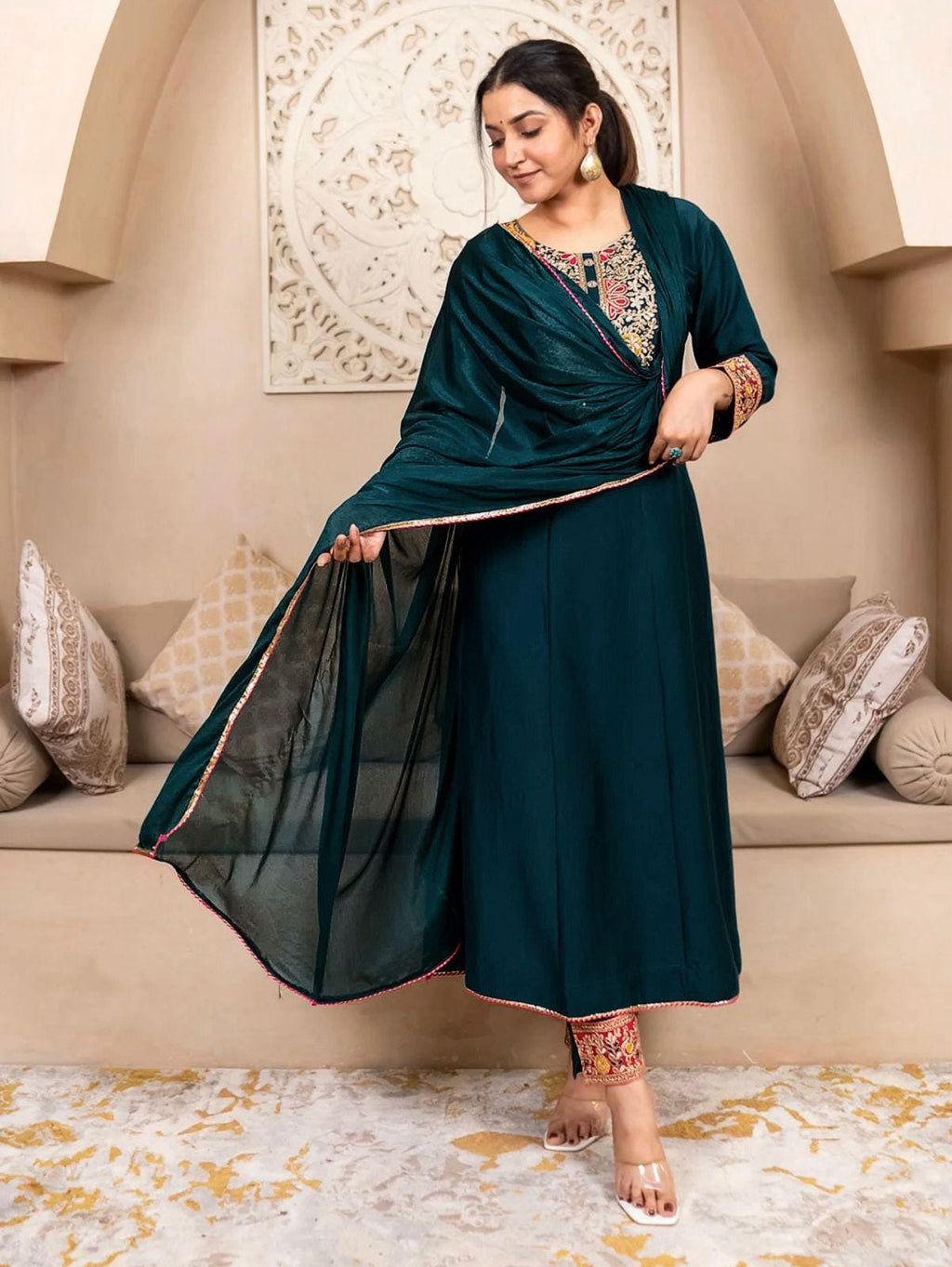 Embroidered Vichitra Silk Kurta Set with Dupatta, Festive Ethnic Party Wear Indian Outfit