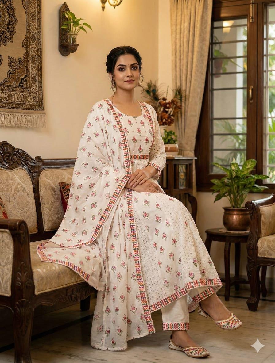 Cotton Chikankari Anarkali Kurti Set with Mirror Work, Lace Pant Dupatta