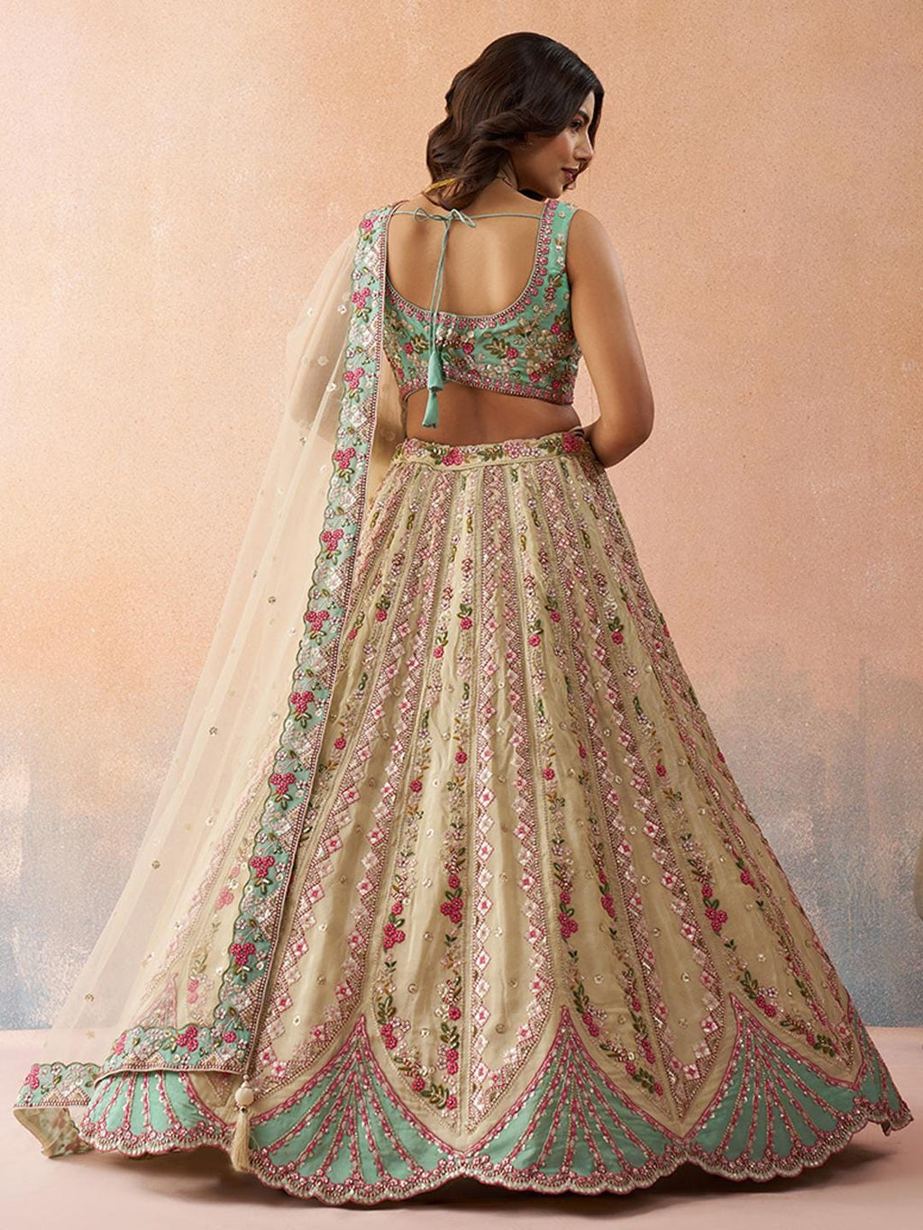 Cream Tissue Lehenga Choli Set, Sequins Embroidery, Wedding Party Wear