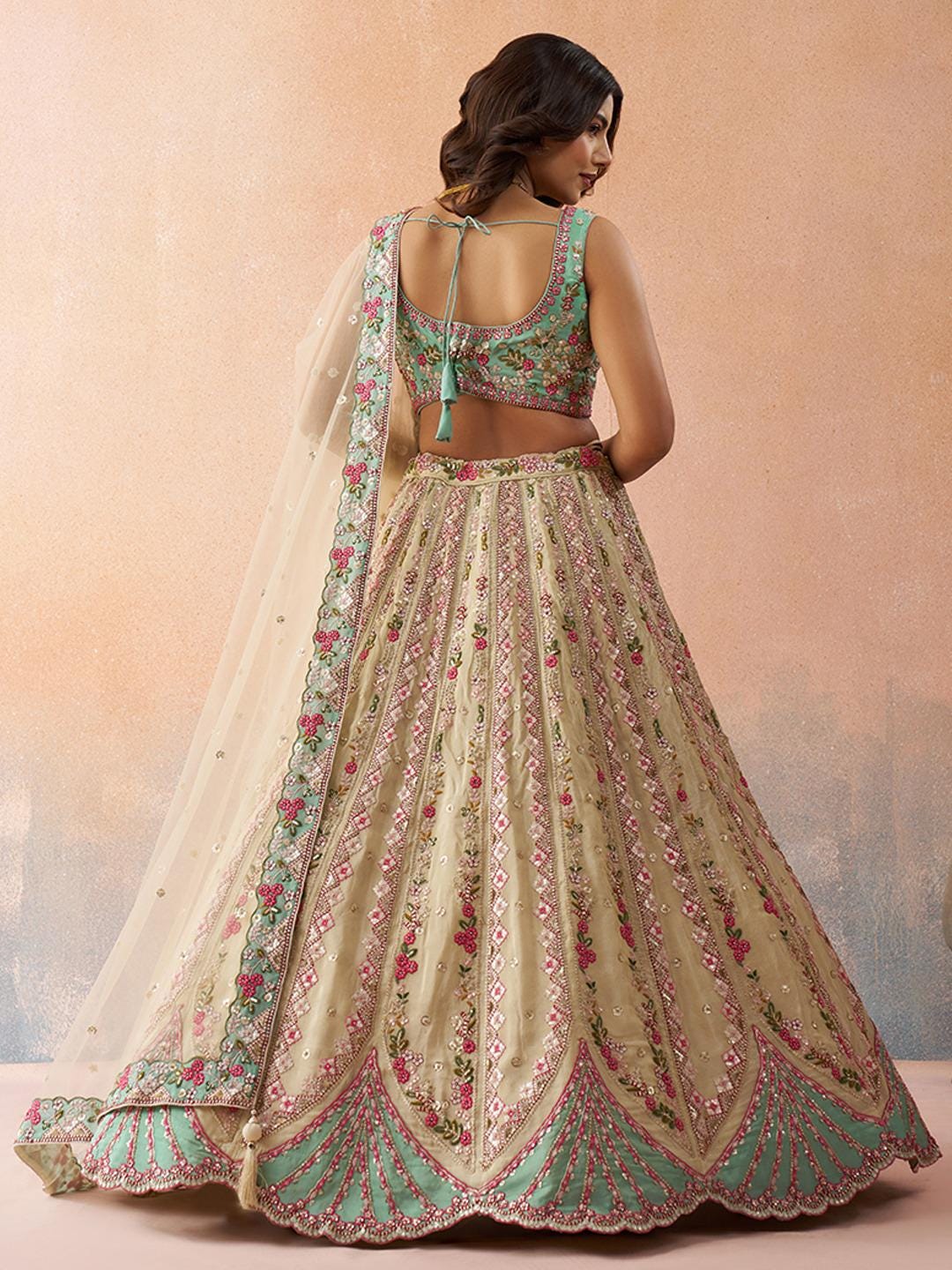 Cream Tissue Lehenga Choli Set, Sequins Embroidery, Wedding Party Wear