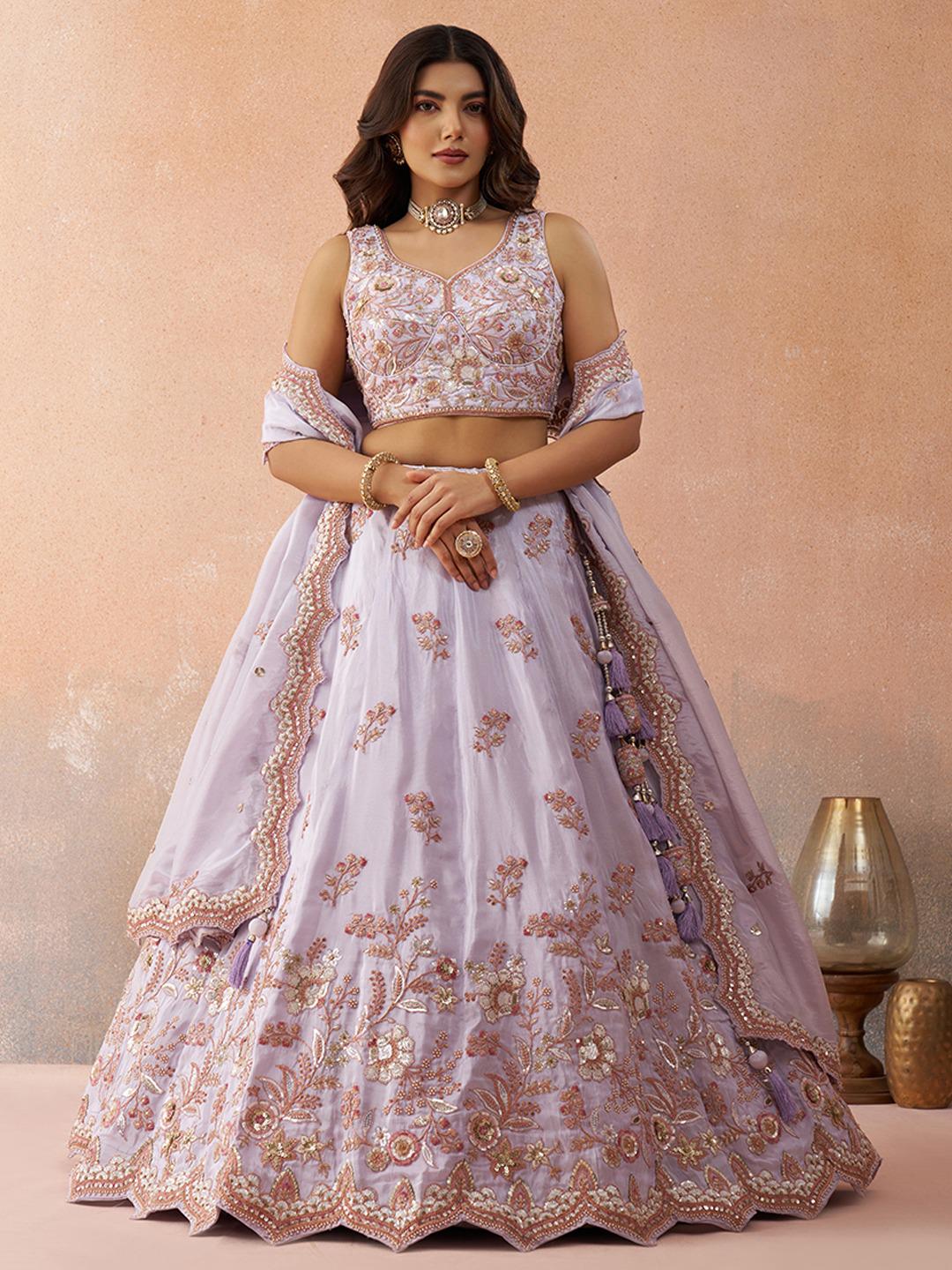 Lavender Tissue Lehenga Choli Set, Sequins Embroidery, Bridal Party Wear Dupatta