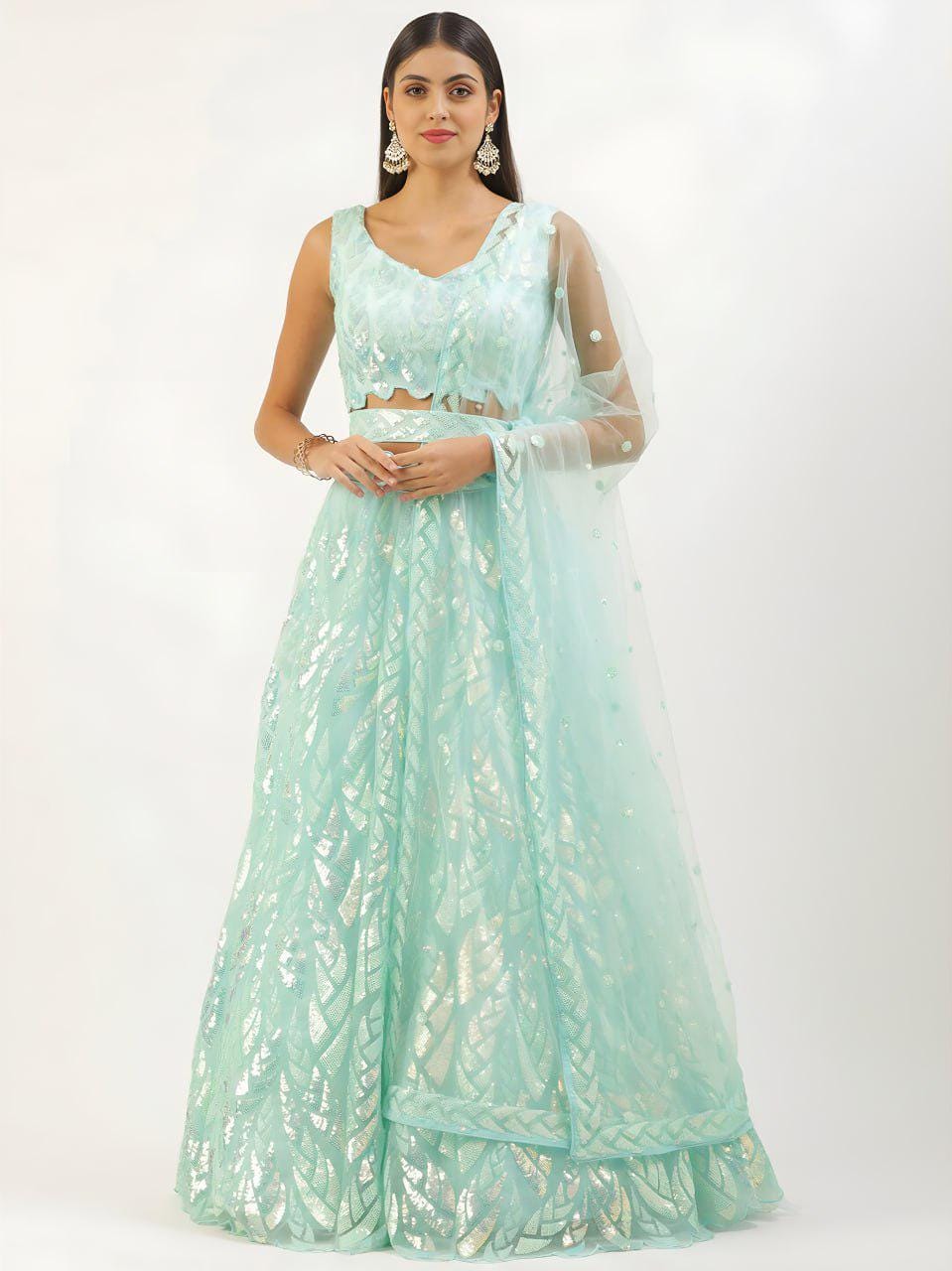 Light Blue Soft Net Lehenga Choli Set, Sequins Embroidery, Bridal Party Wear (Semi-Stitched)
