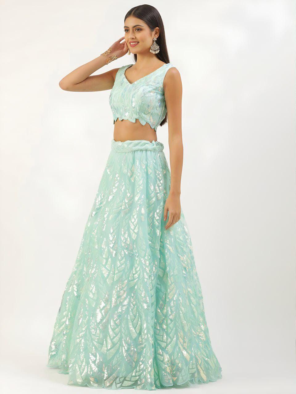 Light Blue Soft Net Lehenga Choli Set, Sequins Embroidery, Bridal Party Wear (Semi-Stitched)