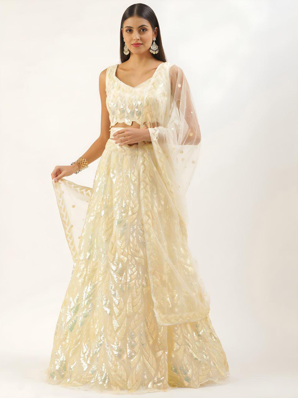 Yellow Soft Net Lehenga Choli Set, Sequins Embroidery, Semi Stitched Wedding Bridal Wear
