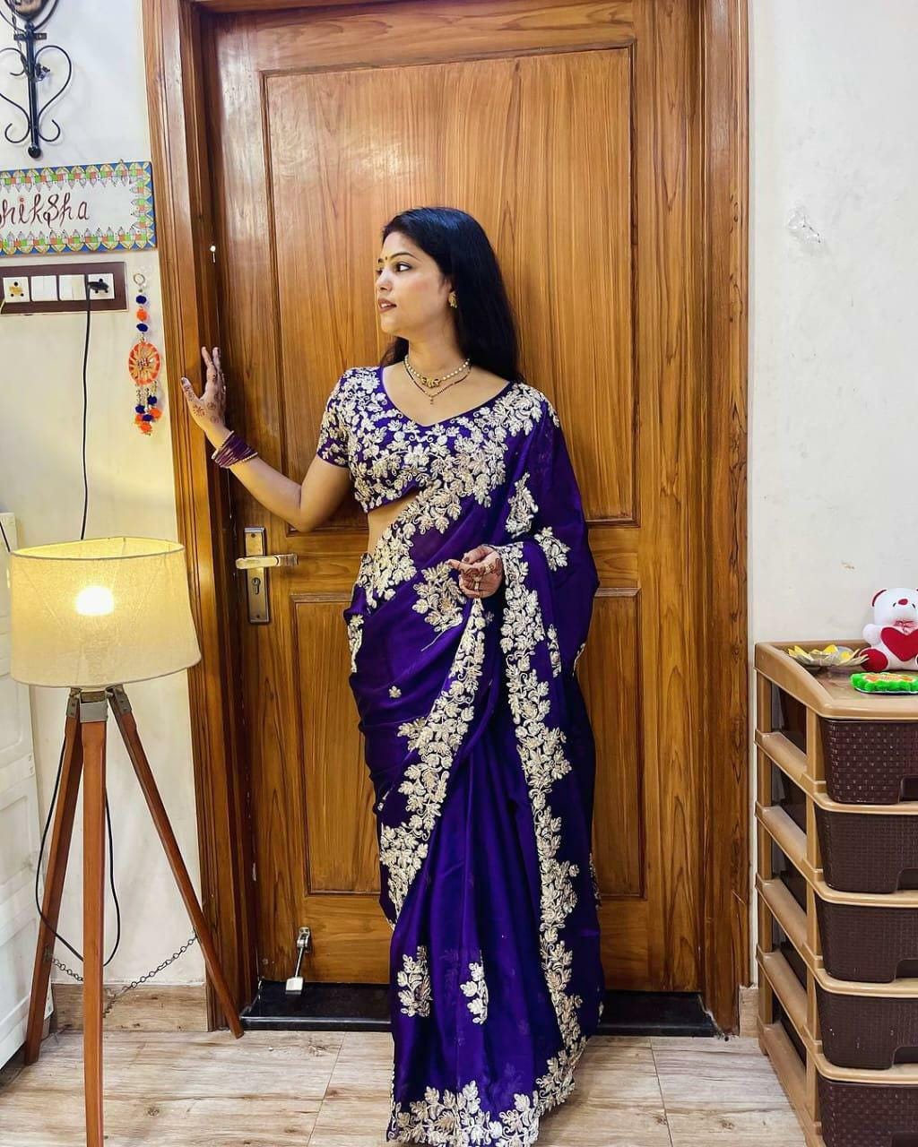 Rangoli Silk Saree with Sequins Zari Embroidery, Cut Work, Stitched Blouse, Party Wear