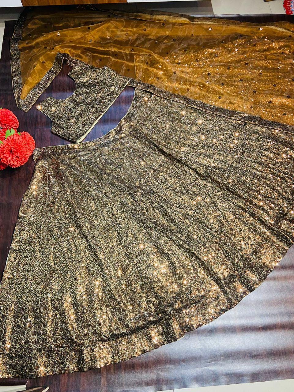 Tapeta Satin Silk Lehenga Choli, Sequins Embroidered Organza Dupatta, Bridal Party Wear