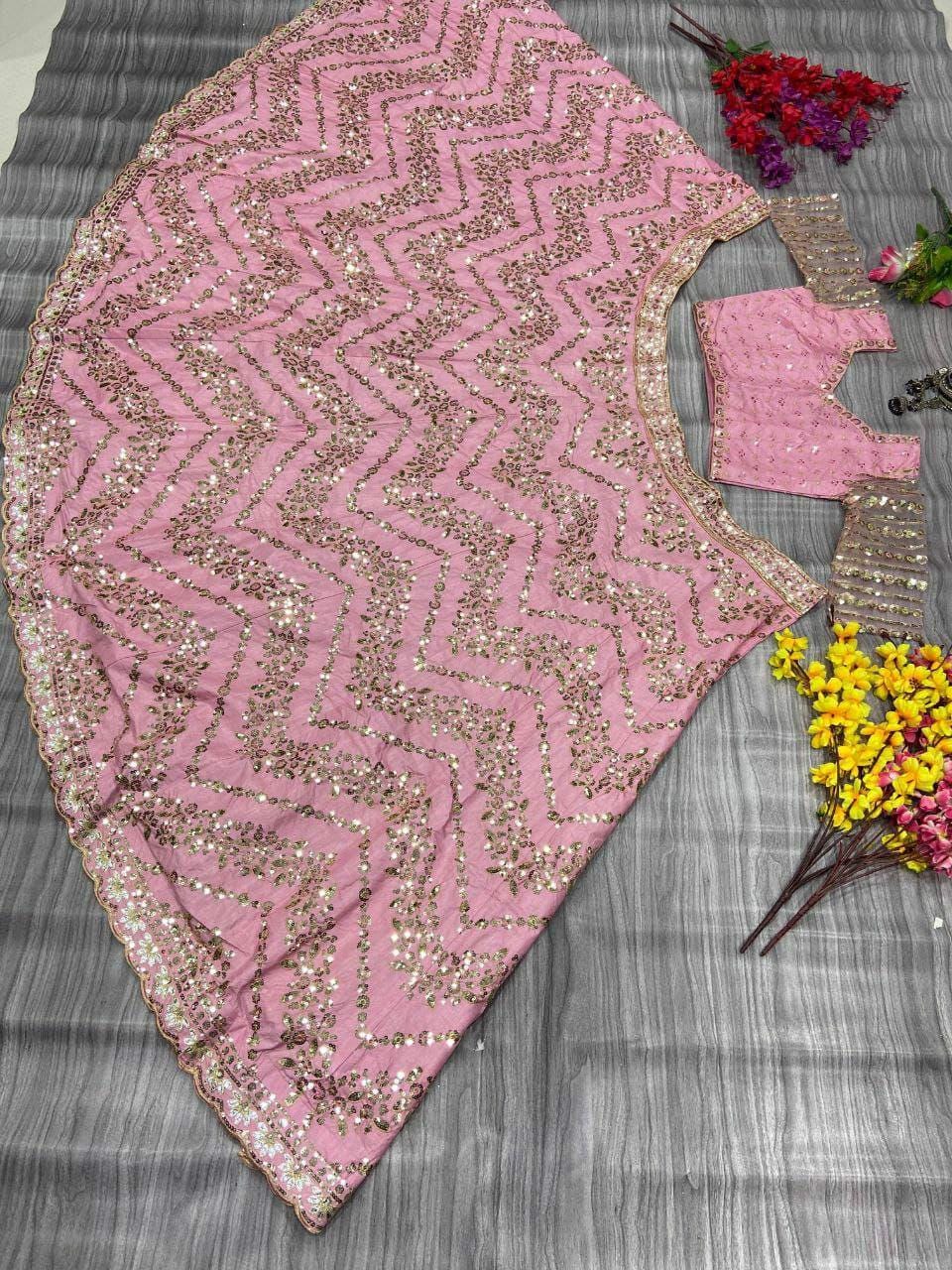 Chinon Silk Lehenga Choli, Multi Thread Sequins Work, Wedding Bridal Party Wear Net Dupatta