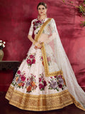Ivory Floral Art Silk Lehenga Choli Set | Golden Embroidered Border, Net Dupatta
