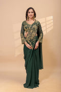 Ready-to-Wear Faux Georgette Saree with Embroidery, Stitched Blouse
