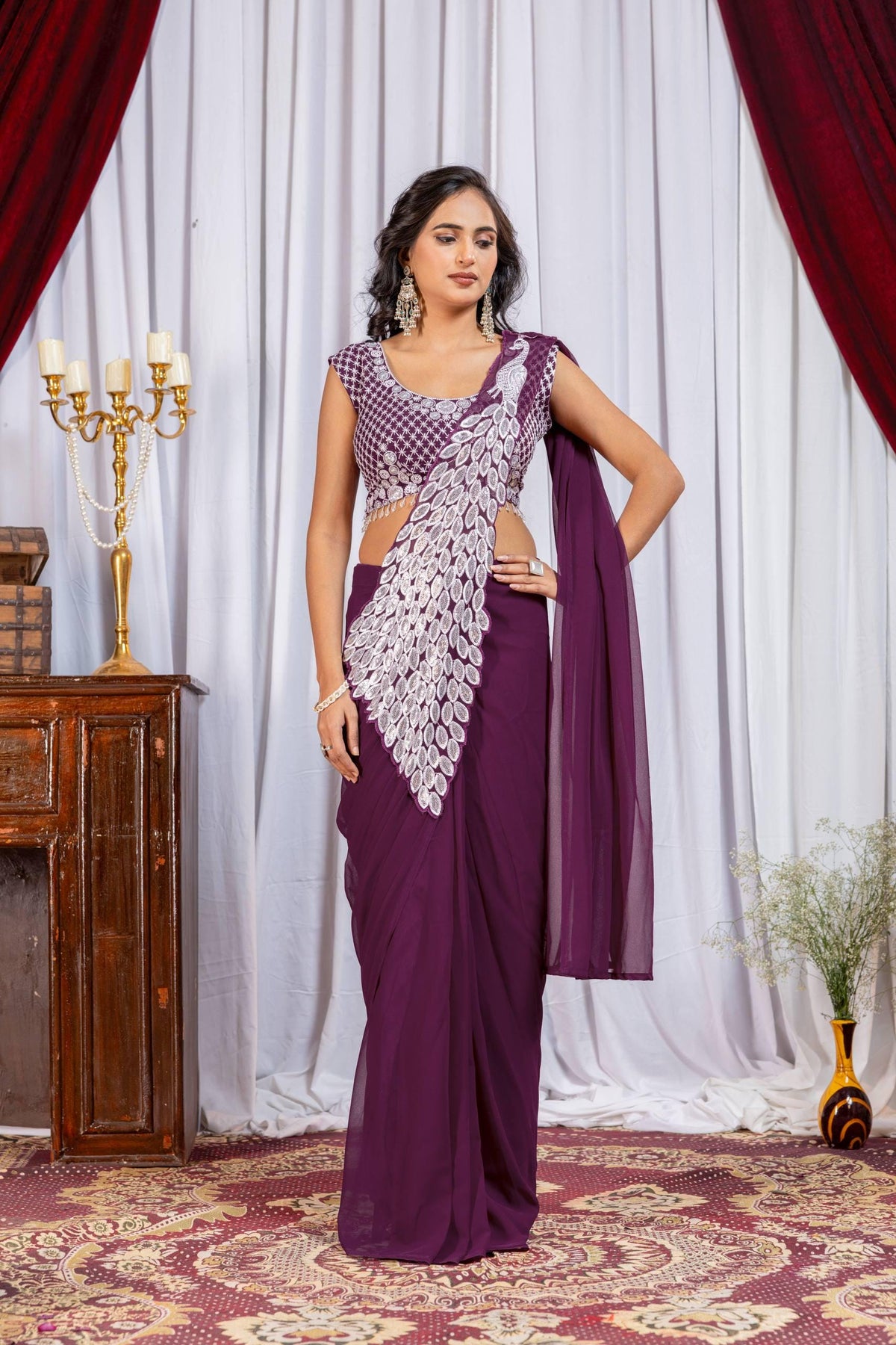 Ready to Wear Faux Georgette Saree with Embroidery & Sequins | Pre-Stitched Saree, Embroidered Blouse
