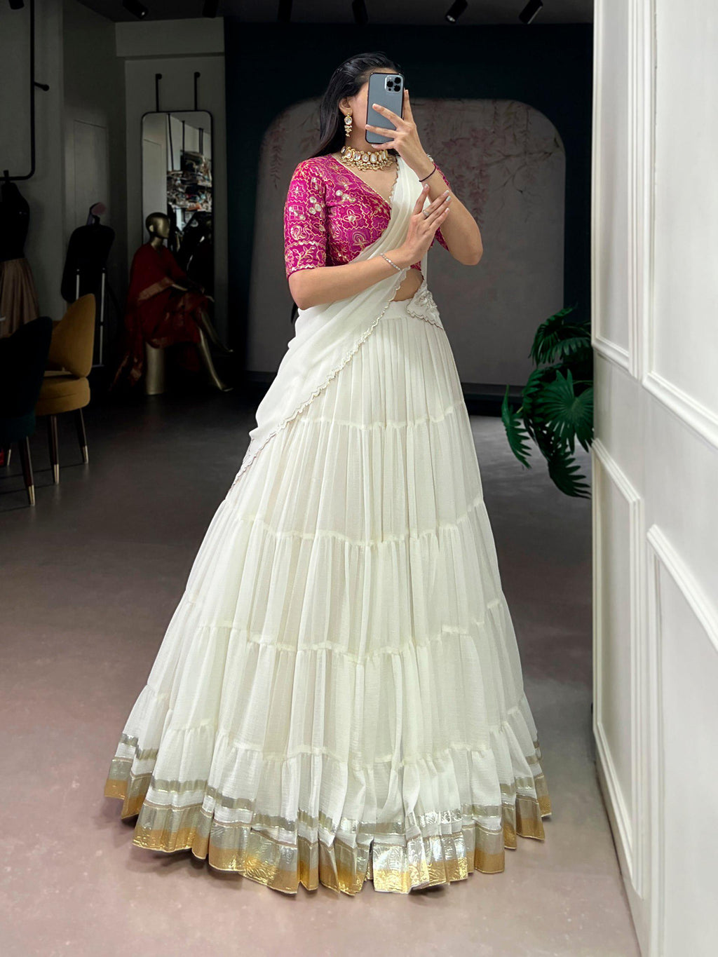 Marble Fabric Lehenga Choli Set, Bandhej Print Blouse, Foil Work Dupatta, 12 Meter Flair
