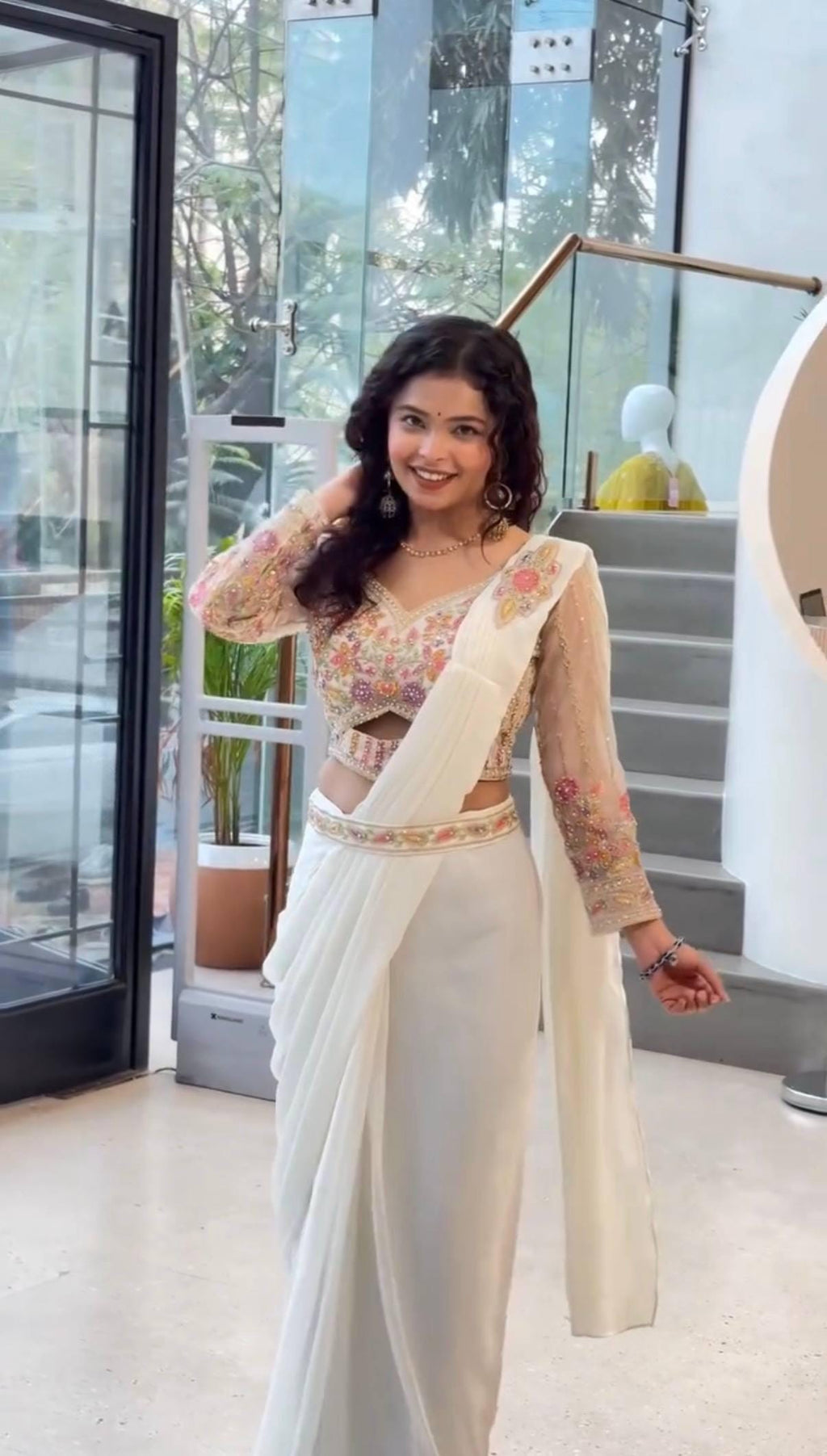 Ready to Wear Faux Georgette Saree with Embroidered Blouse, Hand Work Ethnic Outfit