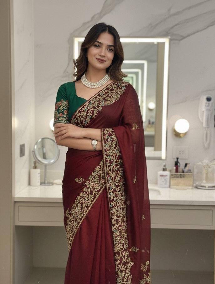Soft Rangoli Silk Saree, Embroidered C-Pallu, Piping Border, Wedding Party Wear