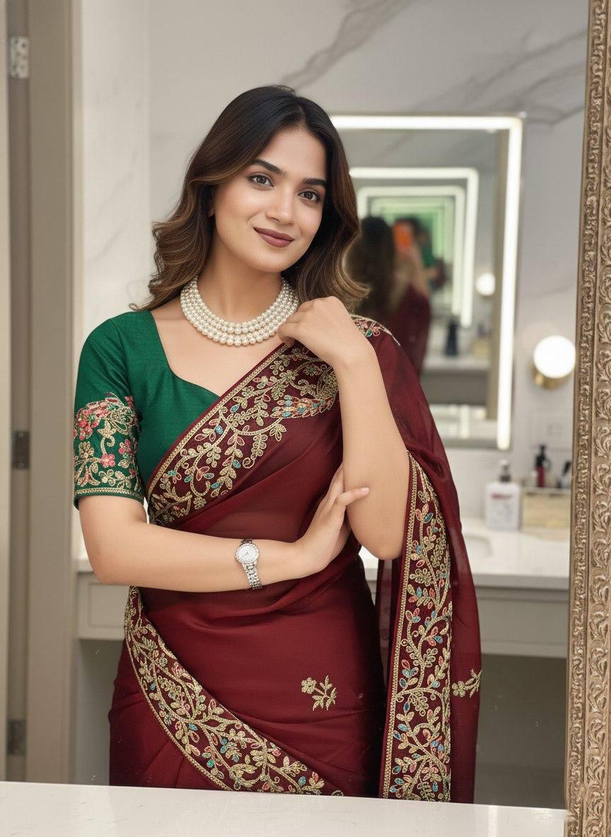 Soft Rangoli Silk Saree, Embroidered C-Pallu, Piping Border, Wedding Party Wear