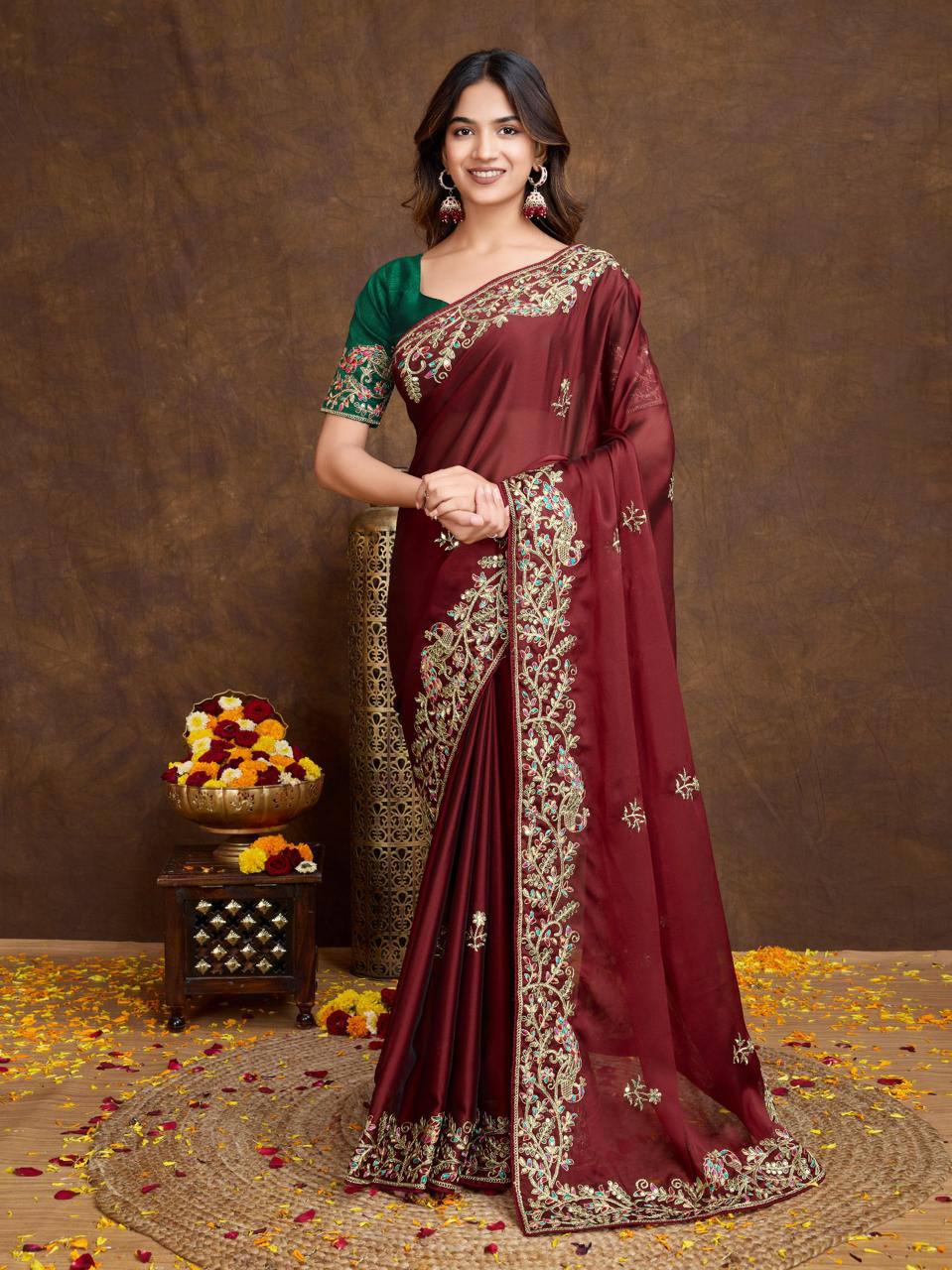 Soft Rangoli Silk Saree, Embroidered C-Pallu, Piping Border, Wedding Party Wear