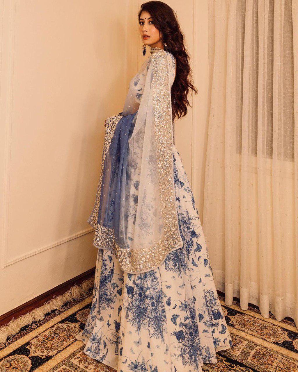 Georgette Lehenga Choli Set, Digital Print, Slub Silk Blouse, Organza Dupatta