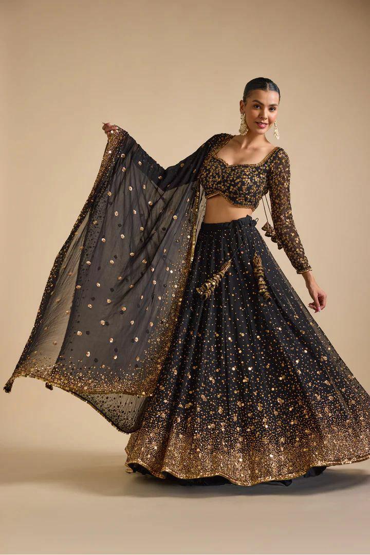 Georgette Lehenga Choli Set, Embroidery Sequins Hand Diamond Work, Semi Stitched Dupatta