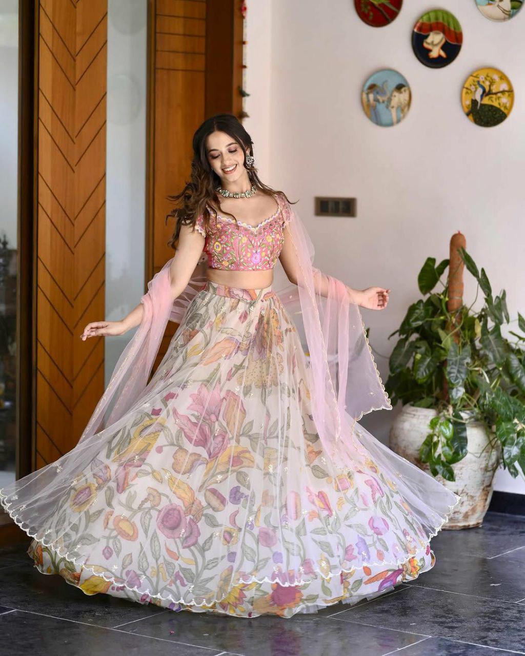 Chinon Silk Printed Lehenga Choli Set, Sequins Embroidered Net Dupatta, Banglory Silk Blouse