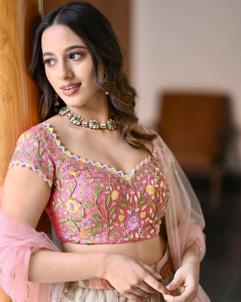 Chinon Silk Printed Lehenga Choli Set, Sequins Embroidered Net Dupatta, Banglory Silk Blouse