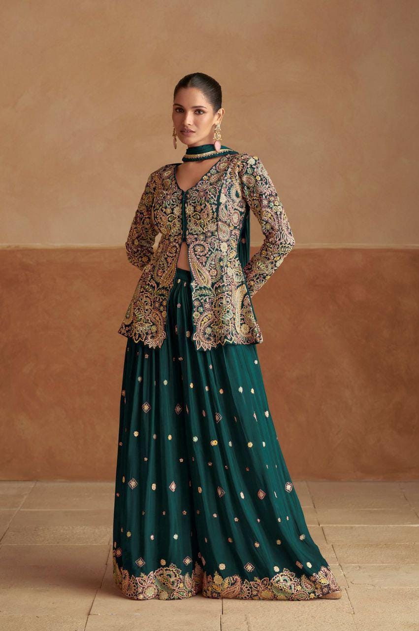 Embroidered Chinon Palazzo Salwar Suit Set, Festive Party Wear Outfit