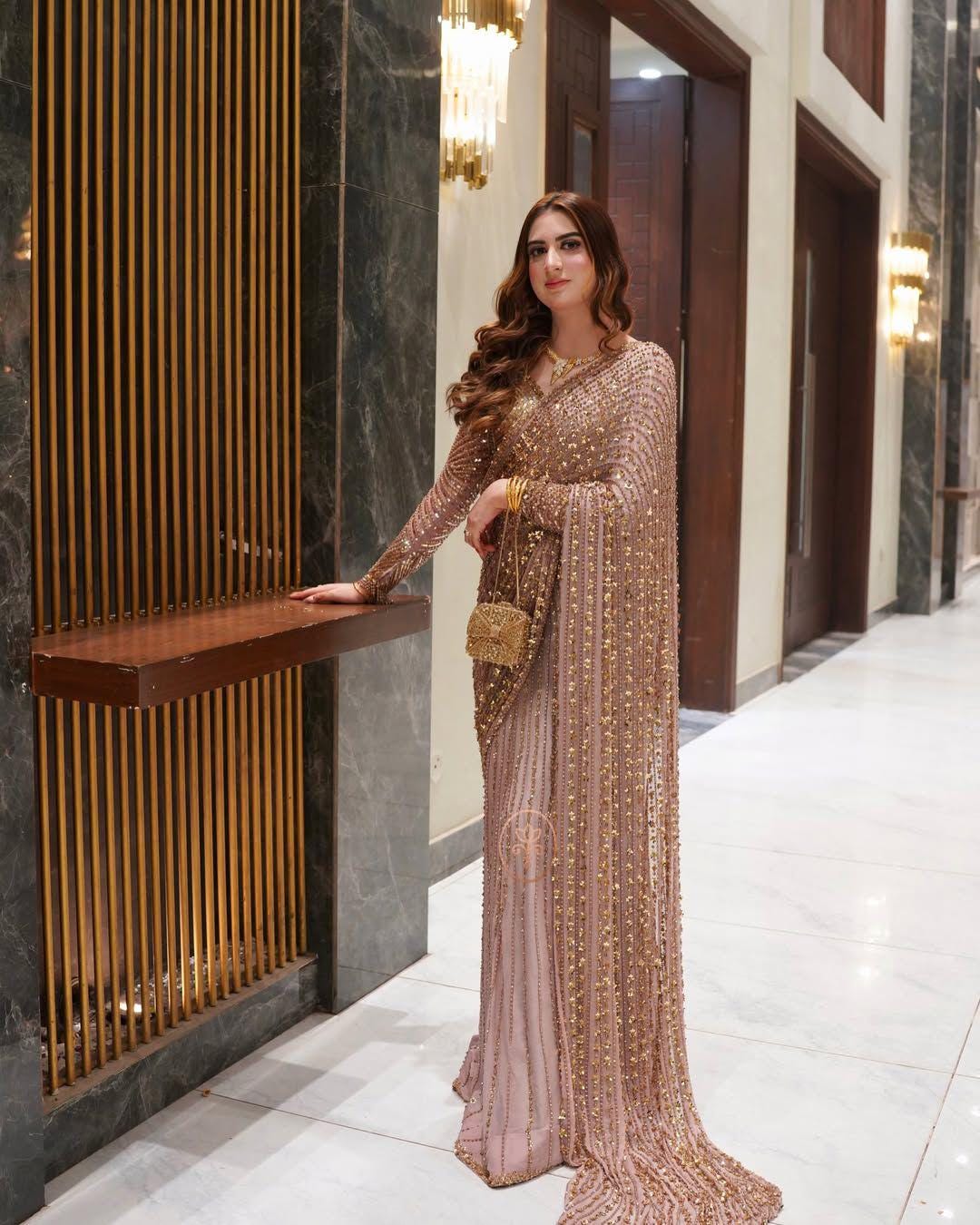 Butterfly Net Sequins Saree with Unstitched Blouse, Embellished Indian Party Wear Wedding Saree