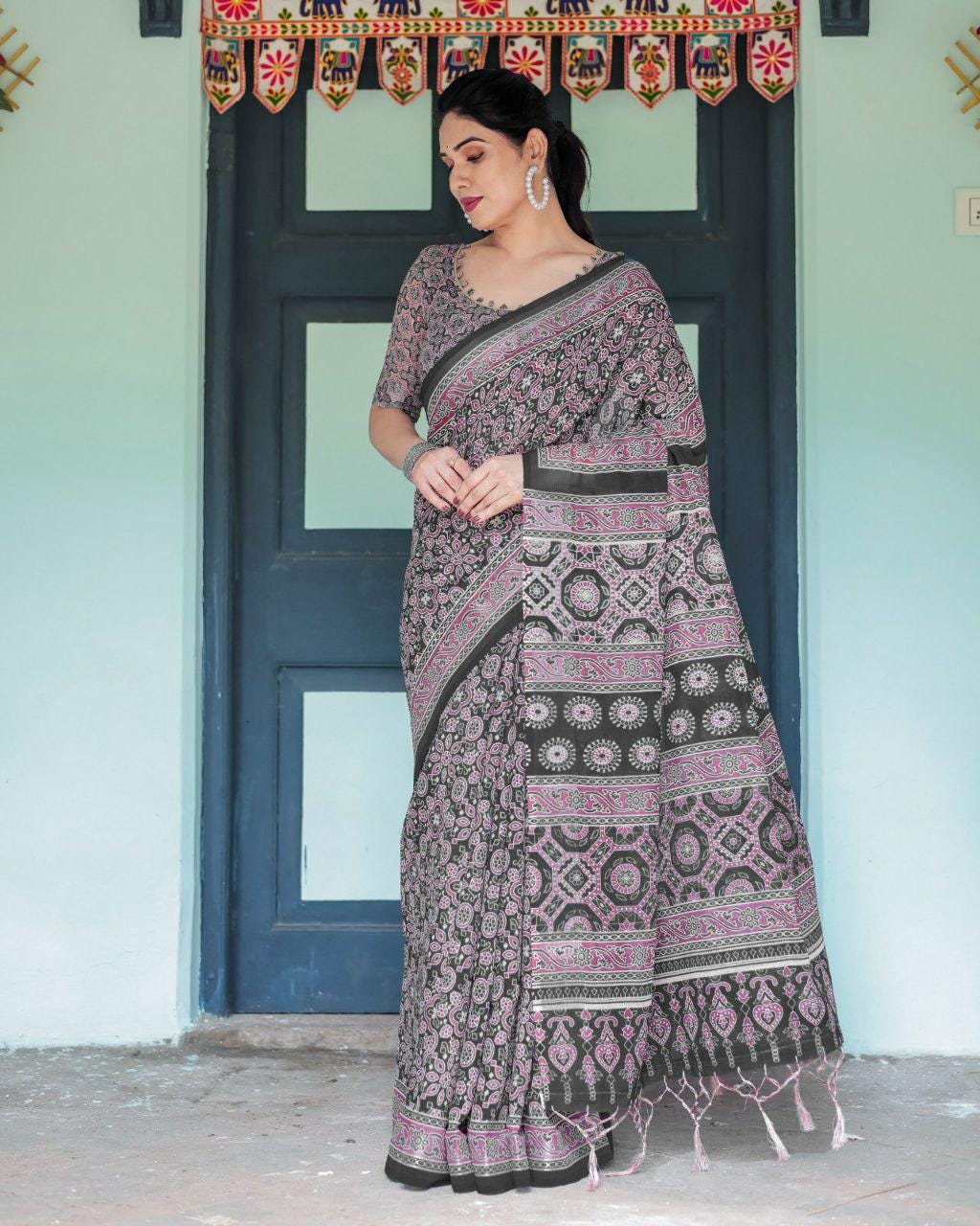 Black Ajrakh Inspired Linen Cotton Saree
