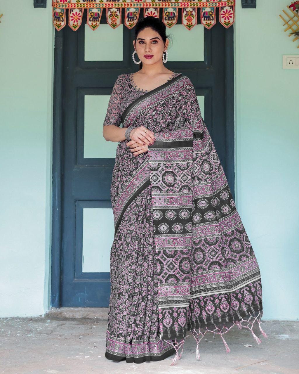 Black Ajrakh Inspired Linen Cotton Saree