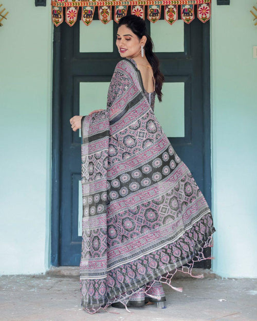Black Ajrakh Inspired Linen Cotton Saree
