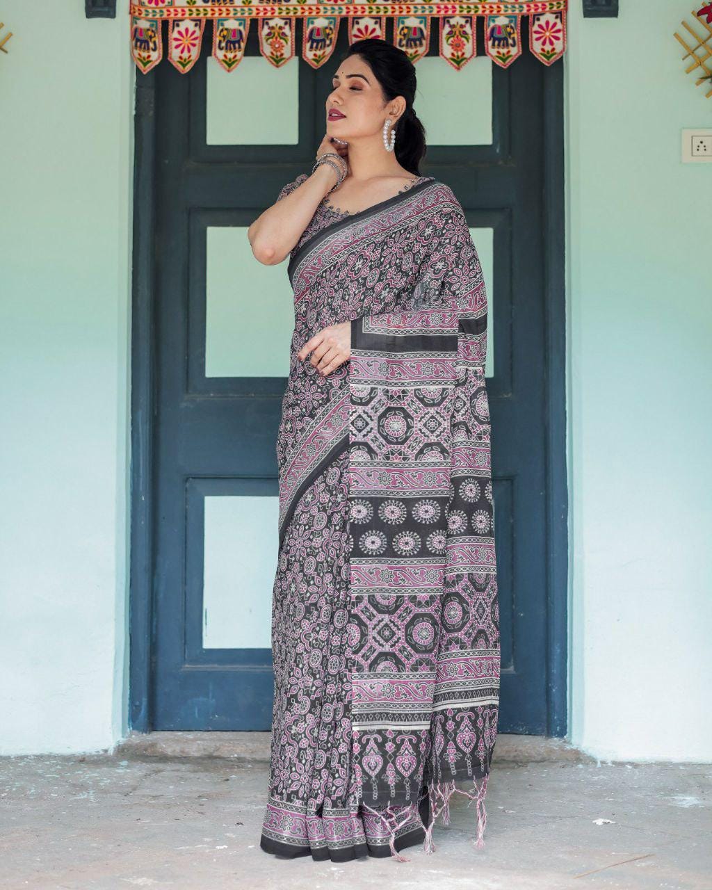 Black Ajrakh Inspired Linen Cotton Saree