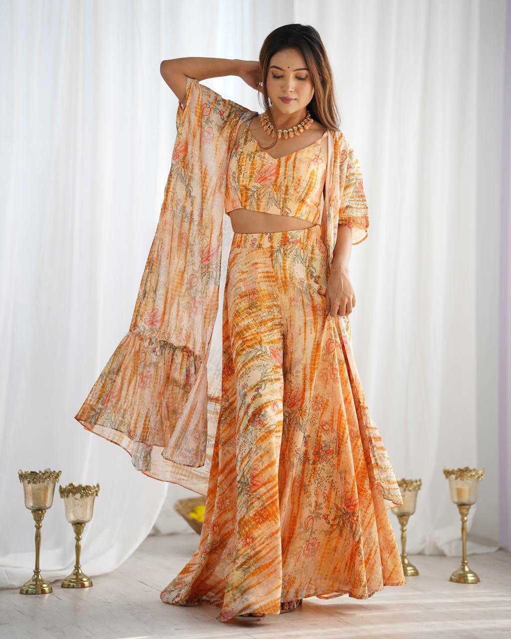 Floral Print Shrug Set, Crop Top Palazzo Co Ord, Fox Georgette Ethnic Outfit
