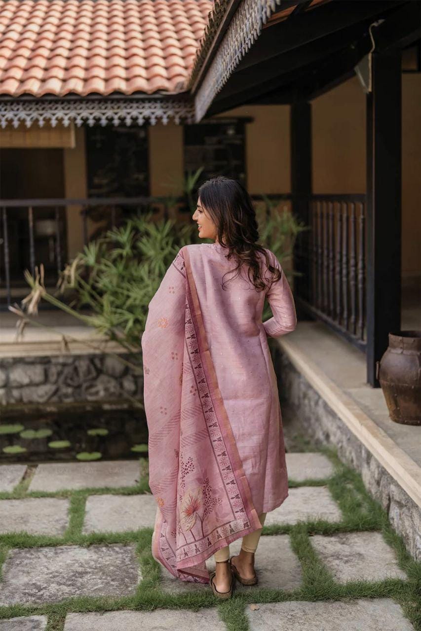 Pure Jacquard Silk Kurti with Cotton Checked Dupatta, Festive Ethnic Set