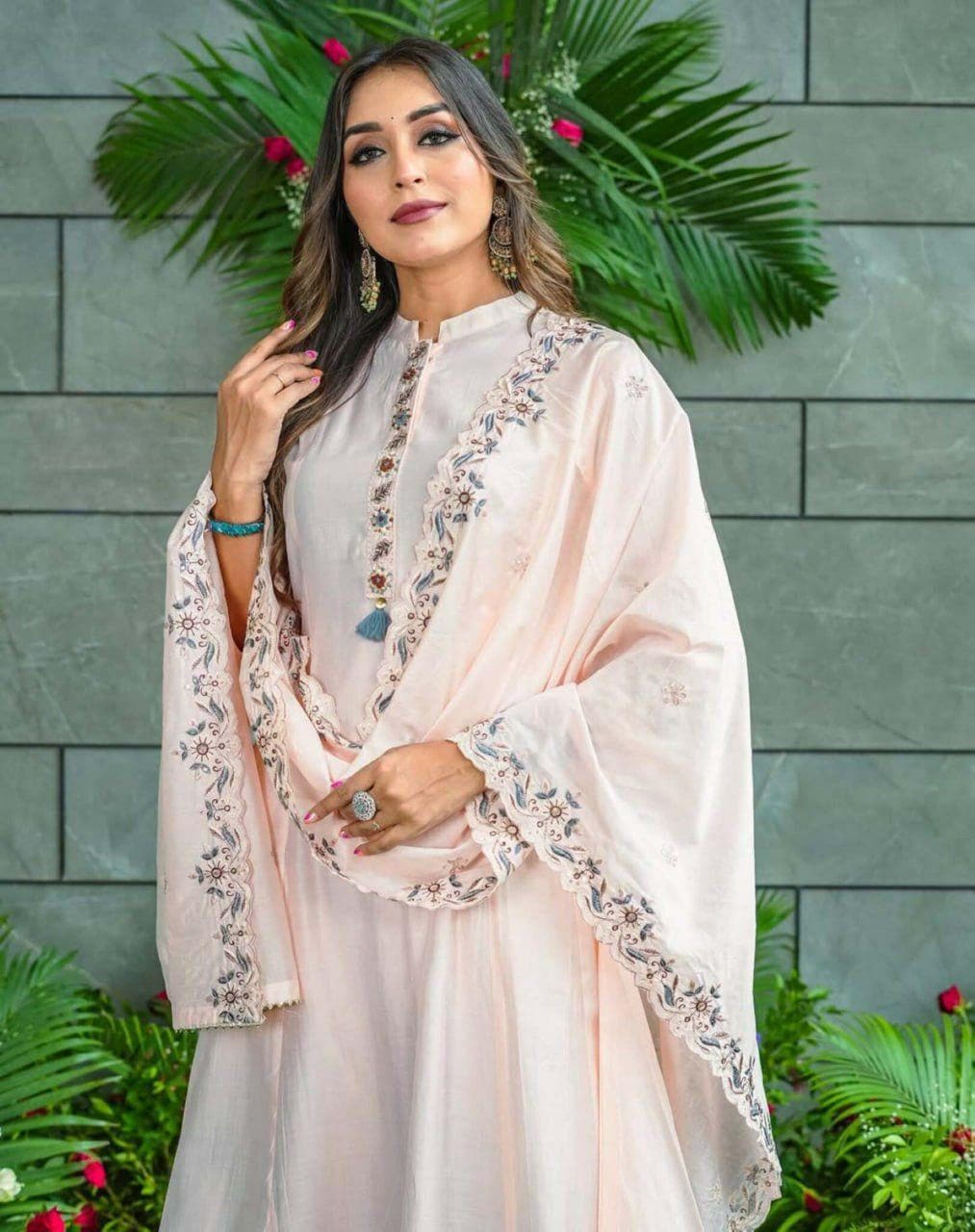 Embroidered Muslin Cotton Kurta Set with Dupatta, Flared Indian Ethnic Wear