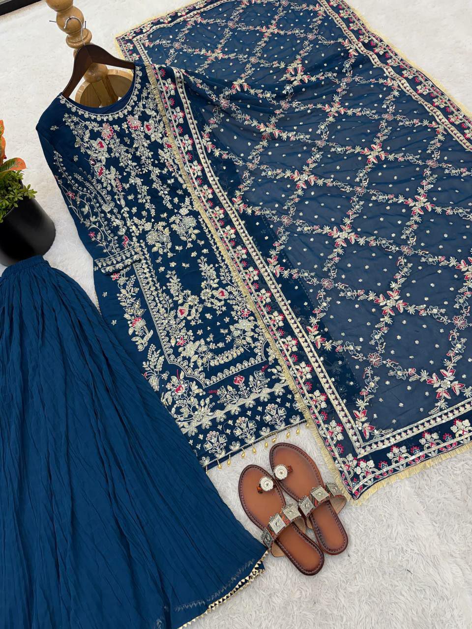 Embroidered Faux Georgette Kurta Palazzo Set with Sequins, Beads Work Ethnic Wear