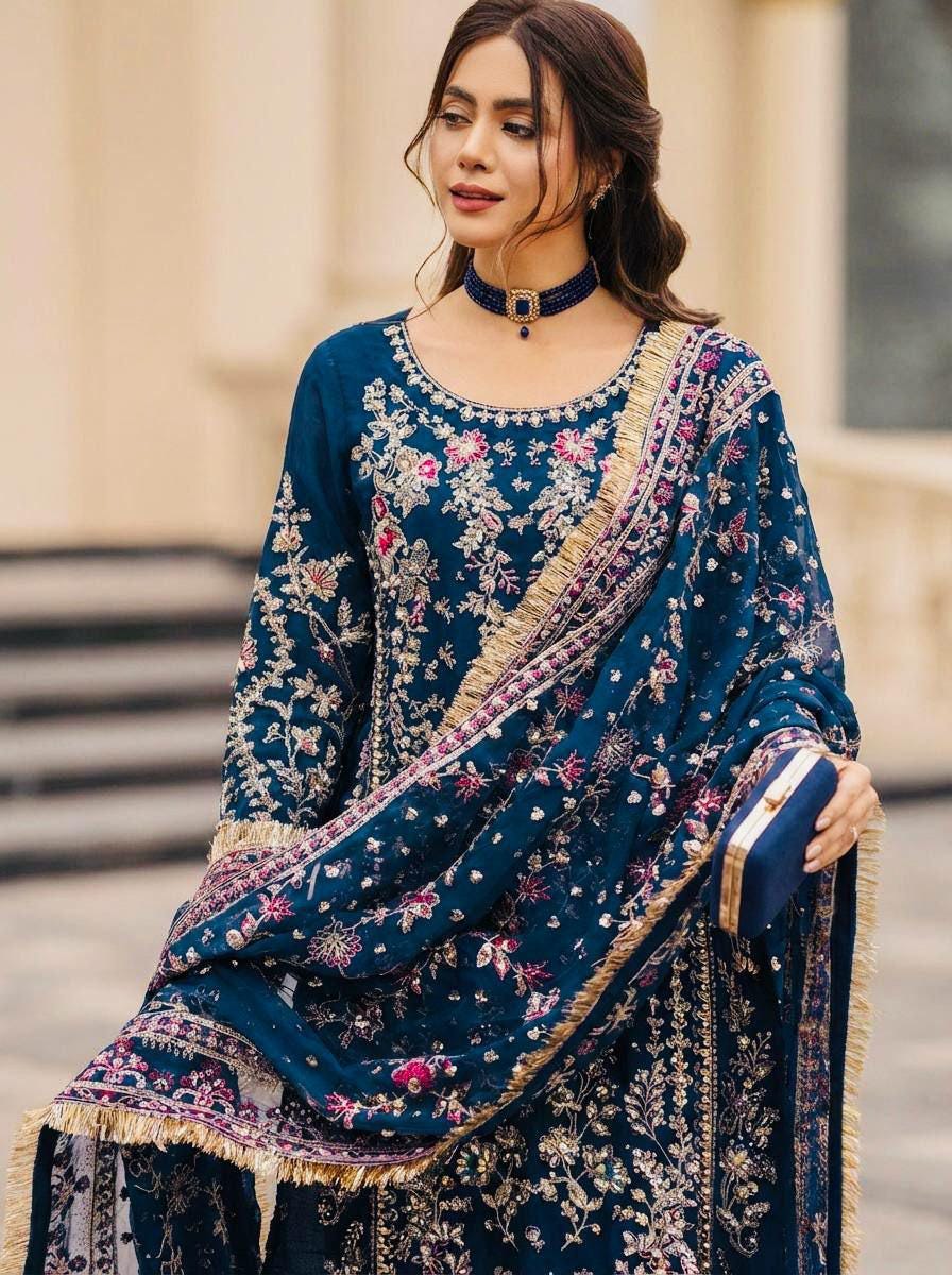 Embroidered Faux Georgette Kurta Palazzo Set with Sequins, Beads Work Ethnic Wear