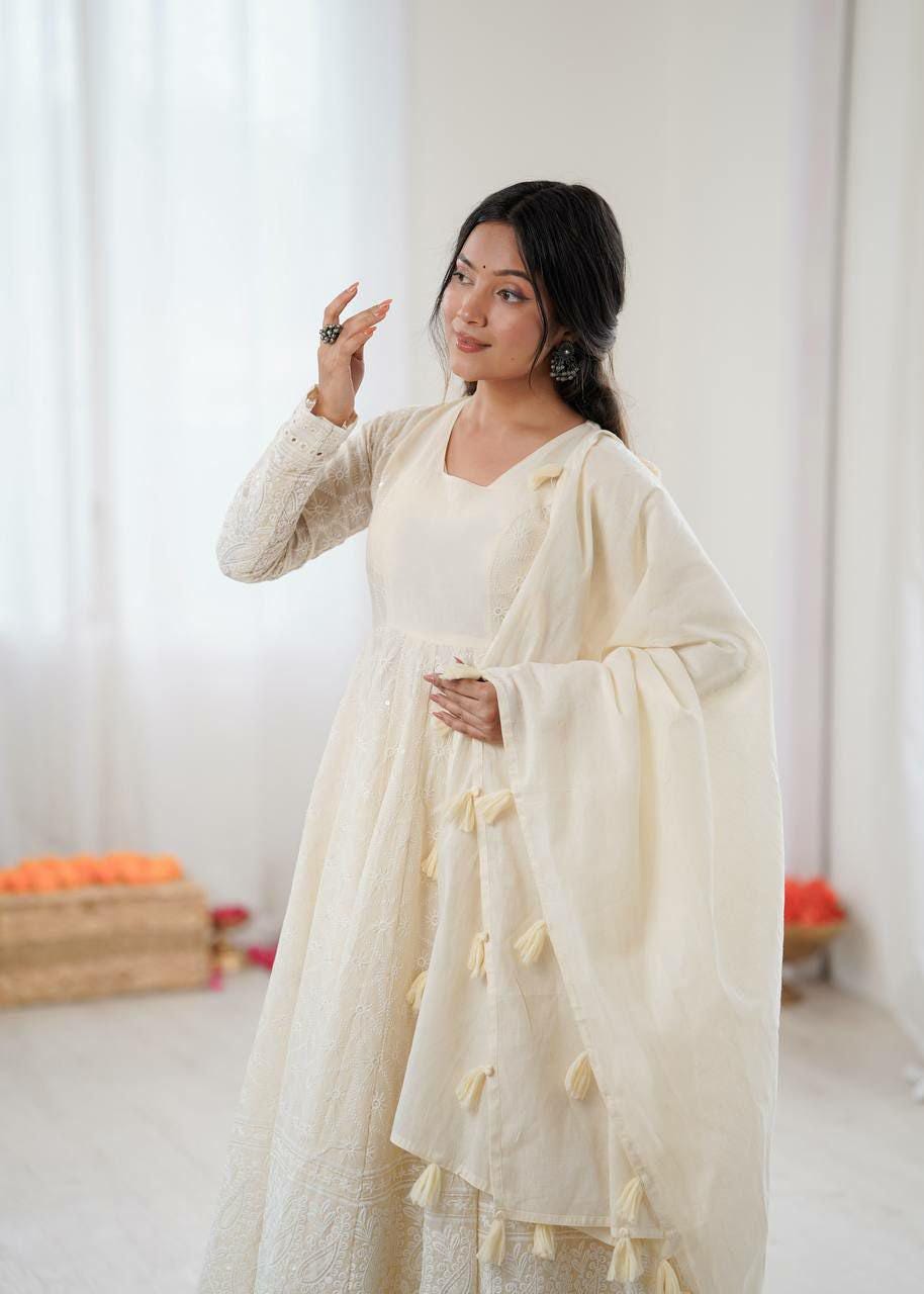 Pure Kora Cotton Anarkali Gown Set, Schiffli Embroidery, Festive Indian Outfit