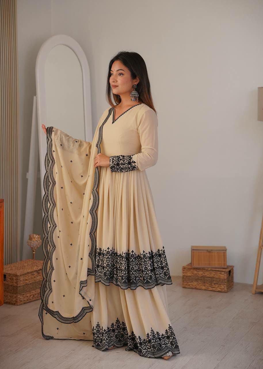 Embroidered Faux Georgette Kurta Set with Palazzo and Dupatta, Festive Indian Ethnic Wear